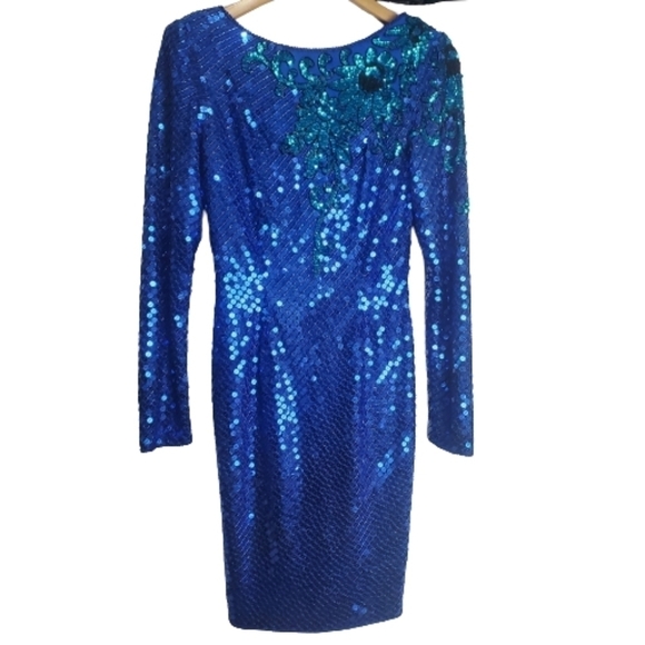 Vintage 80s Nadine Vibrant Blue Floral Sequins Long Sleeve Dress Size Medium - Picture 1 of 16